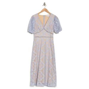 NSR Short Puff Sleeve Knit Lace Overlay Midi Dress Light Blue Cream Size S